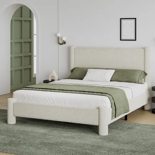 HOMBCK Soft Bed Frame, No Mattress, Boucle Bed Frame with Headborad, Upholstered Platform Bed Frame with Rounded Corners, No Box Spring Required, Modern Wooden Headboard, Home Decor#SohoChic#Homemakeover