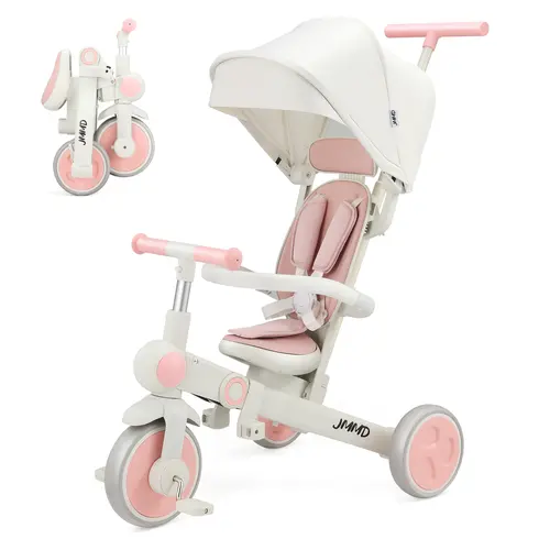 JMMD 7-in-1 Multi-Mode Toddler Tricycle with PU Silent EVA Wheels, Foldable Portable Ride-On Toy for Ages 1-5, Outdoor Fun