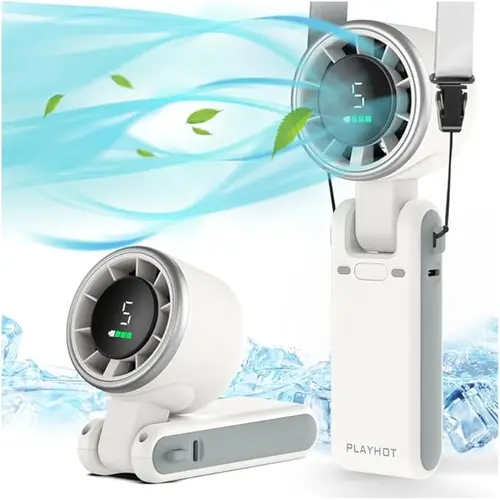 PLAYHOT Portable Handheld Rechargeable High-Velocity Fan - 5-Speed Cordless Airflow, Collapsible Hanging Neck Design, Batteries Included, Suitable for Travel & School, Summer Party Essentials, Handheld Rechargeable Fan