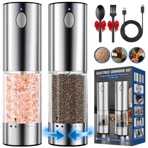 HomeHacks Pepper Grinder, 2/PCS, Rechargeable Salt and Pepper Grinder with 6 Adjustable Coarseness, LED Light, Automatic Grinder for Kitchen, Home and Kitchen Appliances Birthday Gifts for Women,Birthday Gifts for Women,Home Essentials