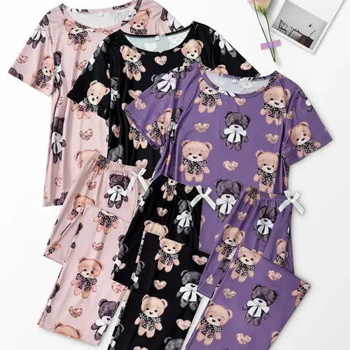 Women's Cartoon Bear Print Short Sleeve Tee & Elastic Waist Pants Pajama Set, Casual Comfy Round Neck T-Shirt & Trousers PJ Set, Ladies All Seasons Sleepwear Loungewear Pyjamas