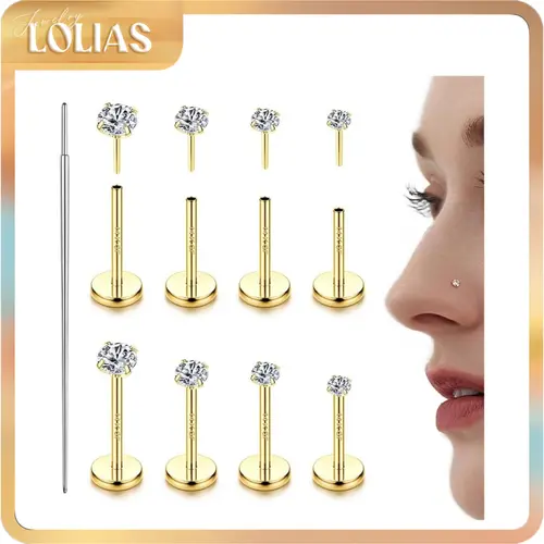 LOLIAS 14K Gold Plated Threadless Zirconia Piercing Jewelry Set - 316L Surgical Steel Hypoallergenic 20G/18G/16G Body Jewelry Accessory for Piercings (Small Nose Ring, Labret, Lip Ring, Flat Back Earring, Tragus, Helix Cartilage)