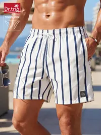 Men's Striped Print Shorts, Regular Fit Casual Comfy Breathable Lightweight Athletic Swim Shorts for Summer, Men's Swimwear for Beach Vacations and Outdoor Activities, Summer Swim Trunks, Lightweight Beach Trunks, Athletic Swim Trunks, Summer Swim Bottoms
