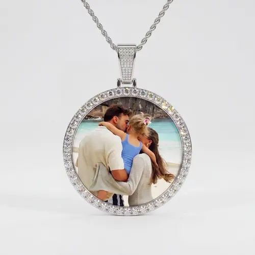 [ICE HUE] 18K Gold Vacuum Plated Copper Round Photo Pendant Necklace with 5A+ Sri Lanka Zircon, DIY Custom Memory, Unisex Jewelry, Womens Gifts, Birthday Gifts for GF, Jewellery for Daily Wear, Casual Fashion,summeroutfits,vacationoutfits,beachoutfits