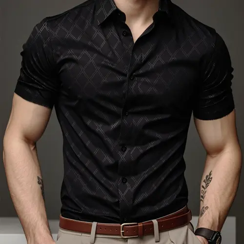 Men's Argyle Print Short Sleeve Shirt, Regular Fit Casual Comfortable Breathable Button Front Collared Top for Summer, Fashion Classic Men's Clothes for Daily Wear, Black, Menswear, Casual Outings Shirt, Casual Comfy Collared