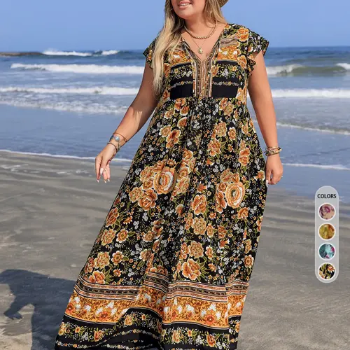 Plus Size Floral Print V-Neck Maxi Dress, Boho Fashion Casual Short Sleeve Dress for Daily Vacation Wear, Women's Clothing for All Seasons, Bohemian Sundress