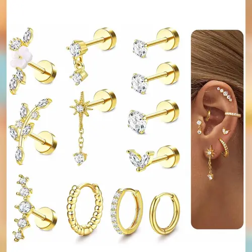 LOLIAS Women's 12Pcs 16G 316L Stainless Steel Cartilage Earrings Set - Hypoallergenic, CZ Studs, Hoops, Screw Back Design, Silver Plating Keeps Shine Lasting, Metal Coating, Non-Tarnish Earring Stack for Tragus, Helix