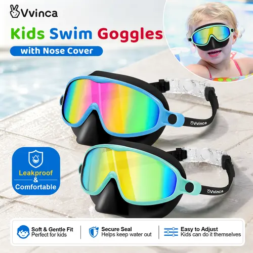 [BackToSchool] Vvinca Swim Goggles 2 Pcs with Nose Cover for Ages 3-6/6-12+ Kids,Youth,UV Protection Anti-Fog Wide View Anti-Shattered Lens for Boys and Girls-Safety anti-uv swim glass anti-fog swimming goggles for Lake,Beach, Summer Party