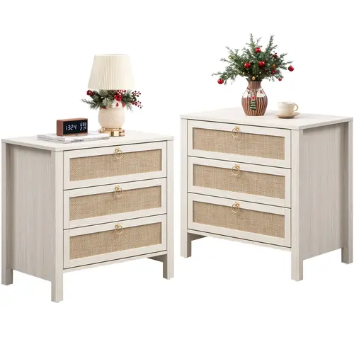 SICOTAS White Night Stand with Drawers - 15.55"D x 26.78"W x 25.67"H Rattan Bedside Table with Golden Handle, 3 Drawers Nightstand Side Table Boho Nightstand for Bedroom, Perfect for Any Bedroom, Durable and Stable,dorm essentials,home decor