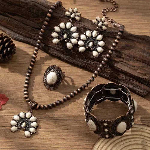 Boho Style Turquoise Decorated Jewelry Set, Vintage Pendant Necklace &  Earrings & Ring & Bracelet, Fashion Accessories for Women & Girls