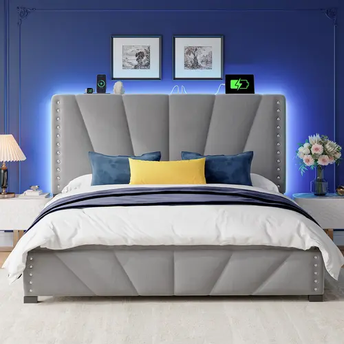 Raybee Upholstered Bed Frame with LED Lights & Charging Station, Velvet Platform Twin Full Queen King Size Bed Frame with Shelf & Underbed Storage, Bedroom Furniture No Mattress, Noise Free, Holds 880LBS, Wood Slats & Metal Frame, Beige, Gray