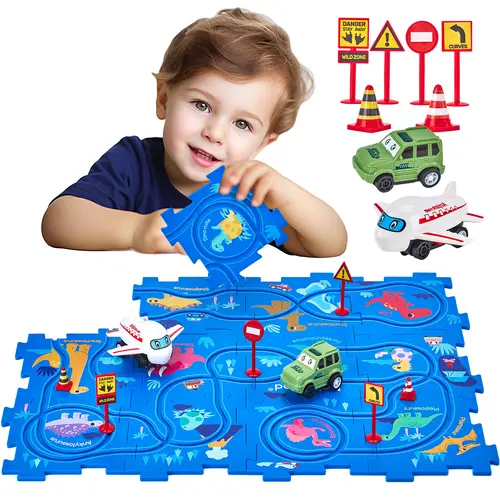 hahaland Dinosaur Puzzle Track Set - 12-Piece Unisex Montessori STEM Brain Teaser Role Play Set, with Car, Airplane, ABS Battery-Operated Components, Road Signs, Colorful Map, Easy-Clean Hard Plastic Saves Time, Holiday Educational Toddler Toys