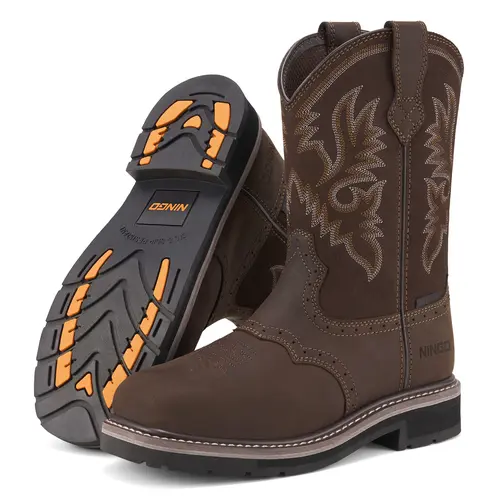 NINGO Mens Western Cowboy Steel Soft Toe Work Boots Pull On Waterproof Square Toe Leather Safety Shoes for Farming Ranch Construction Botas de Trabajo, Waterproof Work Shoes, Steel Toe Trainers Closed Design zapatos para trabajo