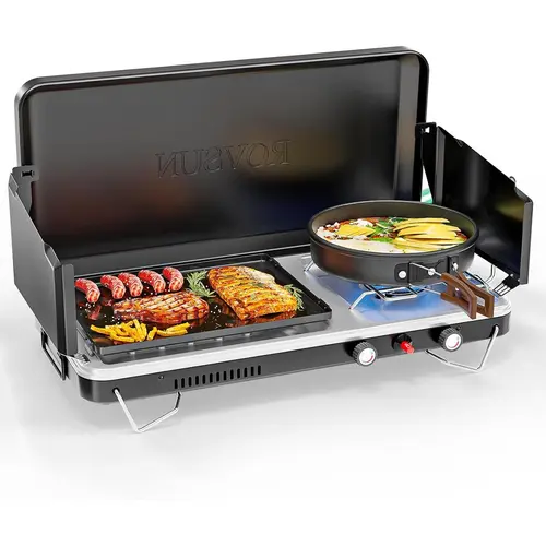 ROVSUN 2-in-1 Portable Camping Stove & Propane Grill with Enamel Griddle & Piezo Igniter, Tabletop Camp Stove with Built-in Handle, Wind Panel & Regulator for Outdoor Camping, Tailgating, Grilling