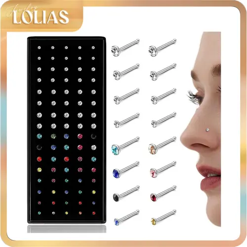 LOLIAS 80-160Pcs Cubic Zirconia Nose Rings Studs for Women - Straight/L-Shaped Surgical Stainless Steel 20G/22G Tiny Body Piercing Jewelry, Nickel-Lead-Free Waterproof Tested 1.5/2/2.5/3mm Pins