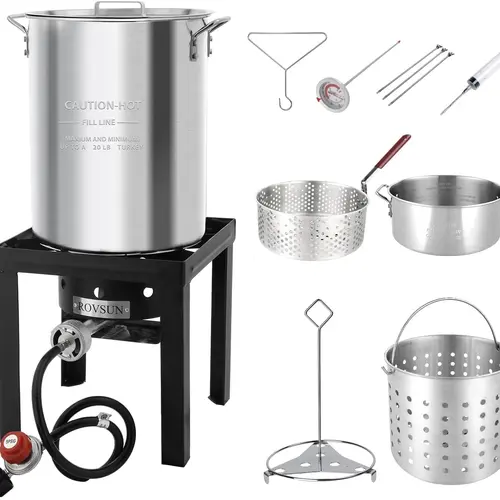 ROVSUN 30QT Turkey Fryer & 10QT Fish Fryer Kit w/ 55,000BTU Propane Stove, Aluminum Outdoor Deep Fryer & Seafood Boiler Steamer w/Baskets, Thermometer, Marinade Injector, Turkey Rack & Rack Lifter