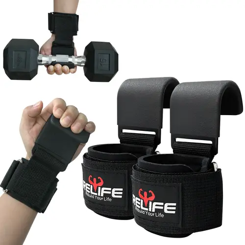 RELIFE Heavy-Duty Reinforced Nylon Hook Straps with Neoprene Padding, Steel Hooks & Anti-Slip Grip - Adjustable Functional Weightlifting Gym Workout Equipment, Lifting Straps