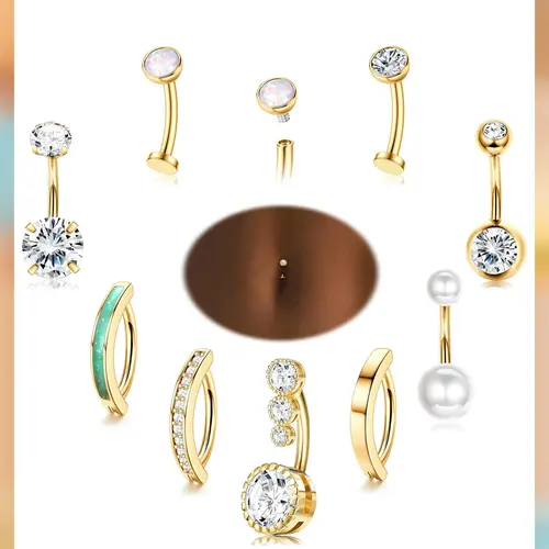 LOLIAS Women's Silver/14 Karat Gold Plated Surgical Stainless Steel CZ Clicker Belly Button Rings Pack for Navel Piercings