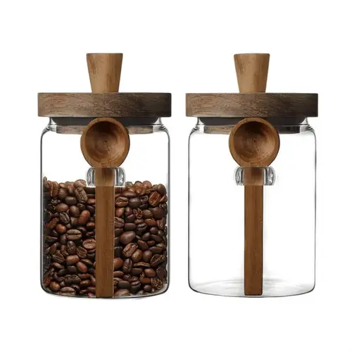 MIUVA Round Glass Airtight Food-Safe Jar - 20.3oz Kitchen Supplies Container with Bamboo Lid, Handy Scoop, Portable for Coffee, Spice Storage