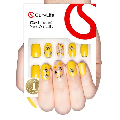CurvLife Honey Bee Press On Nails | 30Pcs | Short Square | Spring & Summervibes | Floral Bee Design | Easy Apply, Durable & Vibrant | Daily, Party & Creative Nail Art