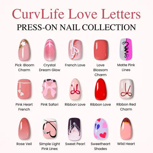 Love & Glow Collection – CurvLife Romantic Valentine Press On Nails Inspired by Hearts, Bows & Soft Pink Tones | Blush, Nude & Sweet Heart Nail Art with Glossy Glow Finish | Feminine, Reusable Press-On Nail Set Perfect for Valentine’s Day, Dates, Gifts
