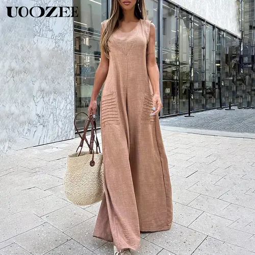 UOOZEE Women's Solid Linen-Cotton Blend Sleeveless Mock Neck Wide-Leg Jumpsuit with Pockets, Loose Fit Clothes for Everyday Wear, Fashion Style with Wide-Leg Drape Creates a Relaxed Look & Lets You Move Freely, Breathable