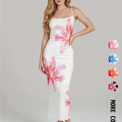 Women's Floral Print Cami Dress, Calla Lily Flower Dress, Glam Gown, Elegant Classy Flattering Sleeveless Bodycon Dress for Party Holiday Wedding, Ladies Clothes for Summer, Gowns Beautiful Gowns, Sleeveless Style Dress