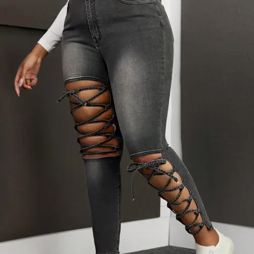 Women's Plain Cut Out Grunge Cut Off Skinny Slim Denim Jeans Pants, Fashion Casual Streetwear High Waist Trousers for Daily Outdoor Wear, Ladies Bottoms for Summer, Womenswear
