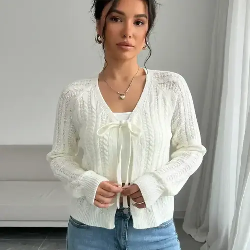 Women's Solid Tie Front Raglan Sleeve Sweater Cardigan, Casual Long Sleeve Cardigan for Spring & Fall, Fashion Women's Knitwear for Daily Wear