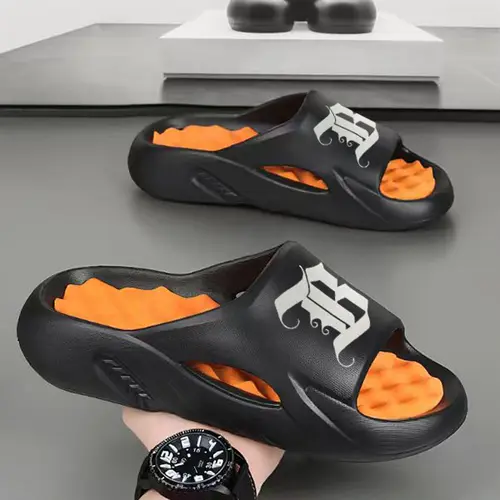 Men's Gothic Letter Print Ankle Slippers - Chic Minimalist Street Style Cut-Out Design, Cushioned Footbed, Breathable EVA Non-Slip Sole, Lightweight Cooling Casual Indoor Slippers, 1 Pair Beach-to-Home Use for Lounging to Beach Days