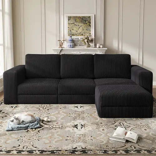 【SummerFinds】ONBRILL 3 Seater 110" Comfy Corduroy Cloud Modular Couch with Chaise(2 Packages Shipping), L-Shaped Sectional Sofa Couch with Deep Seat, Modern Upholstered Couches for Livingroom Bedroom Furniture, No Assembly Required,DIY,Breathable