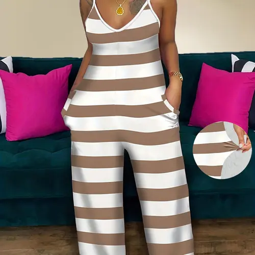 Women's Striped Print Cami Spaghetti Strap Jumpsuit, Stretch Knitting Jumpsuit, Casual Chic Sleeveless Wide Leg Overalls Jumpsuit for Summer, Fashion Women's Clothing for Daily Wear, Printed Striped Jumpsuit