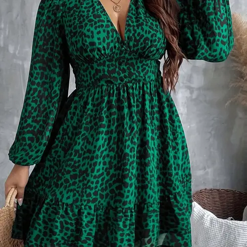 【Plus Size】 Leopard Print V Neck Dress, Elegant Fashion Casual Chic Outfit Long Sleeve Dress for Daily Outdoor Wear, Women Plus Clothing for Summer, Bohemian Summer Dresses, Boho Printed Dress