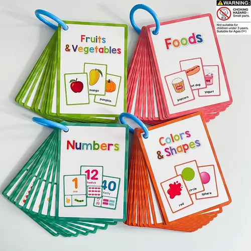 4-Count Educational Flashcards Set, Colorful Fruit, Vegetable, Number and Shape Cards for Toddlers and Kids, Preschool Learning Tool, Educational Toy, Visual Stimulation Cards