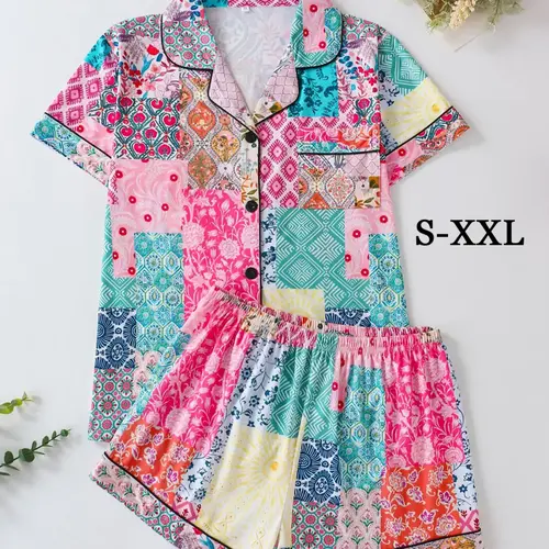 Women's Patchwork Print Shortsleeve Top & Shorts Pyjama, Comfy Short Sleeve Lapel Neck Top & Shorts Matching Pj Set, Ladies Sleepwear for All Seasons, Sleepwear Pajamas Set, Pajama Sets, Casual Sleepwear Set, Summer Loungewear