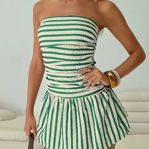Women's Striped Print Tube Romper, Casual Strapless Sleeveless Chic Romper for Summer, Fashion Women's Clothes for Daily Wear
