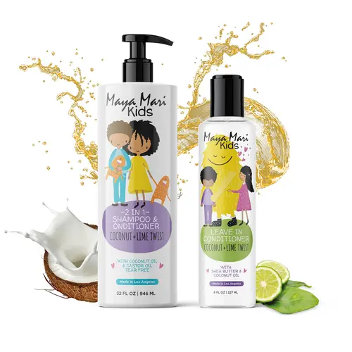 Maya Mari Kids Curly Haircare Kit, 2-Piece Non-Toxic Shea & Coconut Oil Set - 2-in-1 Shampoo & Leave-In Conditioner for Silky, Bouncy Curls, Frizz Control, Detangling & Hair Wash Day Care