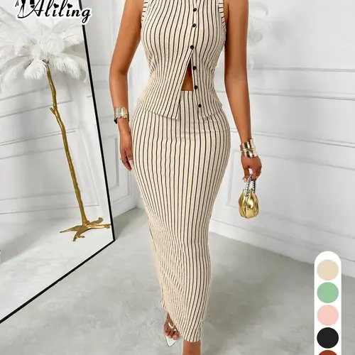 Aliling Striped Print Women's Two-Piece Cropped Tank Top and Skirt Set, Casual Sleeveless Button Vest and Slim-Fit High-Waist Long Skirt, Elegant Outfit for Women's Daily Wear Summer Fashion