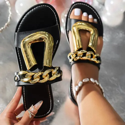 Women's Fashion Chain Decorated Slide Sandals, Casual Open Toe Sandals for Summer, Lightweight Breathable Comfortable Shoes for Daily Wear, Open Toe Slides, Fashionable Footwear, Casual Trendy Sandals