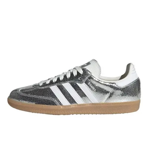 Adidas Women's Samba OG Classic Sneaker - Silver Metallic Textured Cracked Leather Casual Training Shoes for Daily Wear, Sports Shoes, Athletic, Metallic Look, Walking