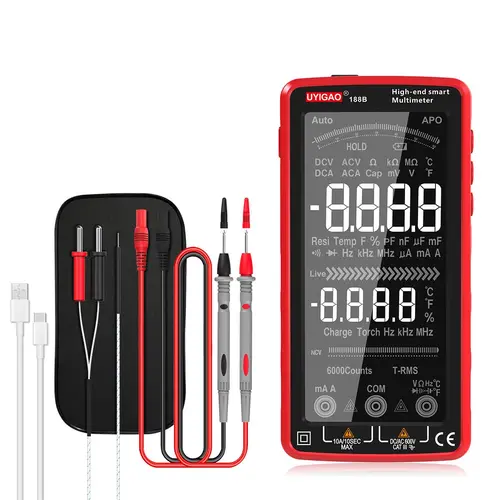 1pc UYIGAO UA188B 188D Rechargeable Multimeter, Volt Meters And Multimeters, 6000 Counts TRMS, 188d Color Touch HD Screen, Digital RMS Voltmeter Measures Voltage Current Resistance Continuity Capacitance Frequency NCV Tester