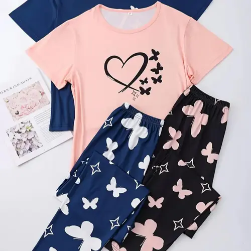 Women's Butterfly Print Tee & Pants Pyjama Two-piece Set, Printed Pajama Set, Casual Round Neck Short Sleeve T-shirt & Trousers PJ Set, Ladies Sleepwear for All Seasons, Casual Sleepwear