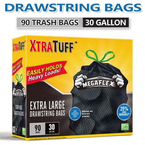 Sturdy Trash Bags, 30gal (113.5L) 90-Count Black Drawstring Disposable Plastic Bags, Non-Tear, Leak-Proof, Ultra-Strong for Large Kitchen Trash Cans, Easy-to-Use Home Care Supplies