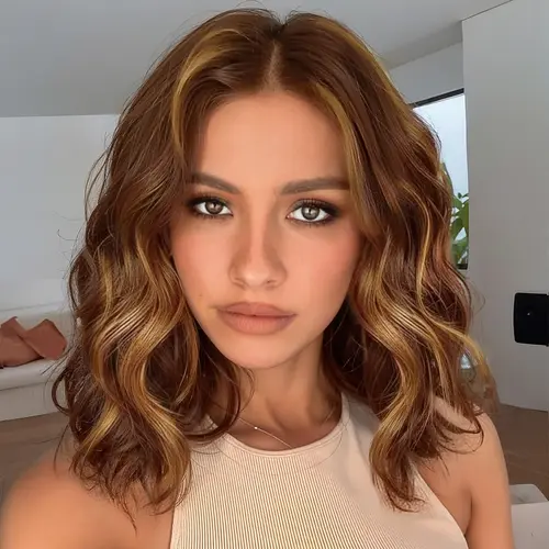 NAYASA 13*4 Lace Front Wigs for Women Brown Highlight Short Wavy Wig for Women14Inch Honey Blonde Curly Wavy Wigs Middle Part Lace Front Natural Hairline Bob Wigs Synthetic Heat Resistant Fiber Wig for Daily Party Use