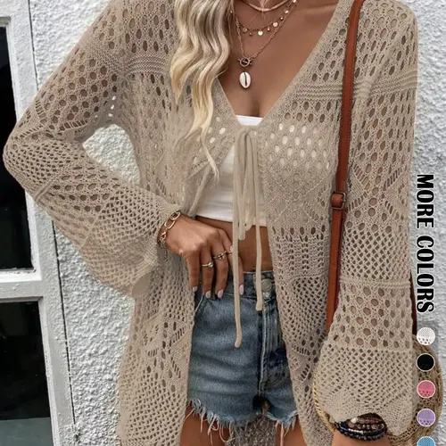 Women's Solid Color Hollow Out Tie Front Crochet Loose Knitting Cardigan, Casual Basic Long Sleeve Knitwear for Summer, Fashion Women's Knit Clothing for Daily Wear, Casual Elegant Knitwear