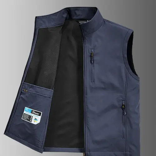 Men's Solid Pocket Zip Up Vest Jacket Gilet, Regular Fit Casual Lightweight Sleeveless Outerwear for Golf Running Hiking, Men's Clothes for Summer, Sleeveless Waistcoat, Menswear