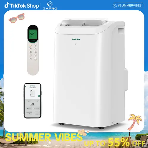 ZAFRO (44dB) 10K/12K/14K BTU（6K/8K/10K SACC) Portable Air Conditioners with WiFi, Ultra-Quiet, R32 Eco-Friendly,Fast Cooling in 30s, No Drainage Needed, Filter Cleaning Reminder, 360° Wheels for Home/Office