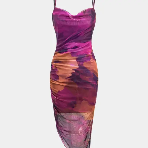 Women's Backless Abstract Print Cowl Neck Spaghetti Strap Cami Bodycon Midi Dress, Ruched Asymmetrical Hem, Summer Party and Date Outfit