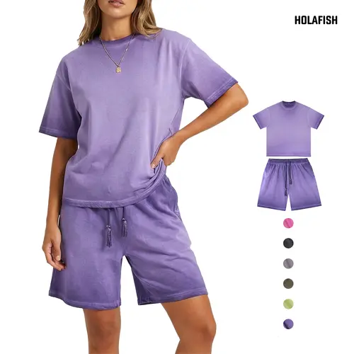 Holafish Women's 2-Piece Casual Minimalist Style Set - Heavyweight Cotton Oversized Short-Sleeved Top & Drawstring Shorts, Relaxed Fit, Summer Washed Gradient, Comfortable Retro Couple Outfits (Available as Set or Individually)
