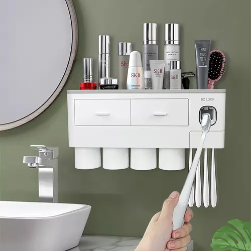 Must-have Bathroom Organizer  Wall Mounted Toothbrush Holder with Toothpaste Dispenser & 2-4 Magnetic Cups Home Goods Organizing